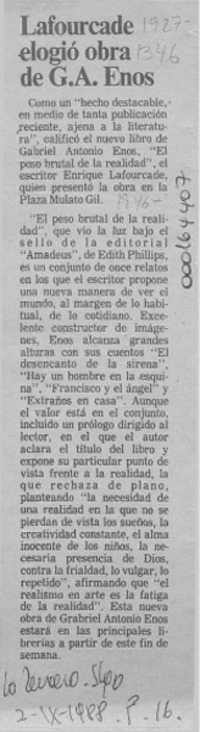 Lafourcade elogió obra de G. A. Enos  [artículo].