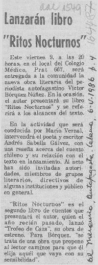 Lanzarán libro "Ritos nocturnos"