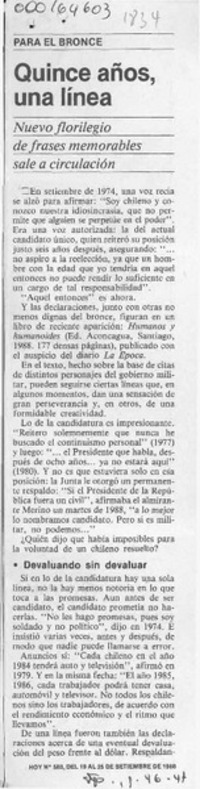 Quince años, una línea  [artículo] G. B.