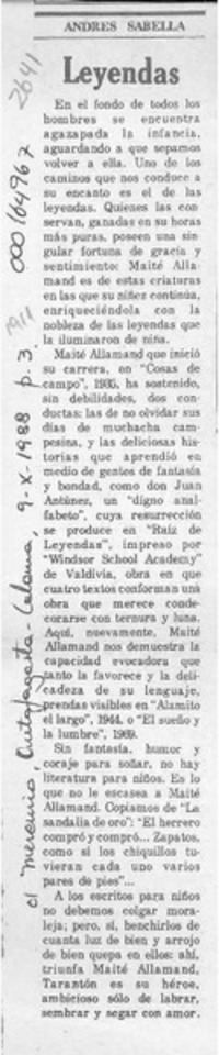 Leyendas  [artículo] Andrés Sabella.
