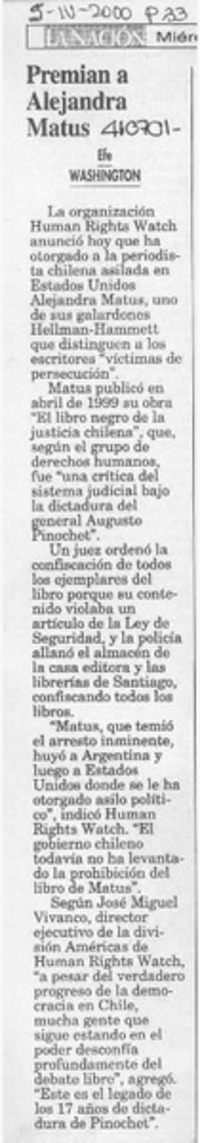 Premian a Alejandra Matus  [artículo]