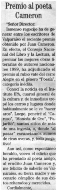Premio al poeta Camerom