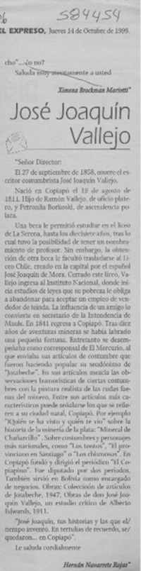 José Joaquín Vallejos  [artículo] Hernán Navarrete Rojas