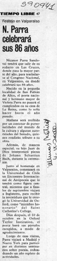 N. Parra celebrará sus 86 años  [artículo]