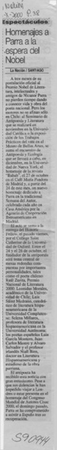 Homenajes a Parra a la espera del Nobel  [artículo]