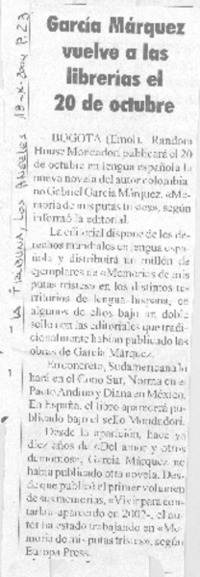 García Márquez vuelve a las librerías el 20 de octubre