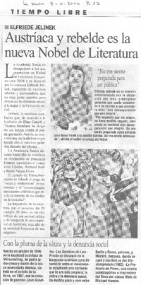 Austríaca y rebelde es la nueva Nobel de literatura