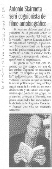 Antonio Skármeta será coguionista de filme autobiográfico