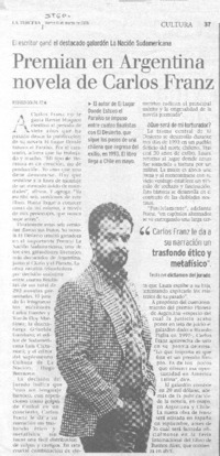 Premian en Argentina novela de Carlos Franz.