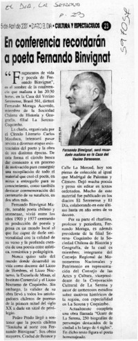 En conferencia recordarán a poeta Fernando Binvignat  [artículo]