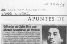 Editarán en Chile libro que aborda sexualidad de Mistral  [artículo]