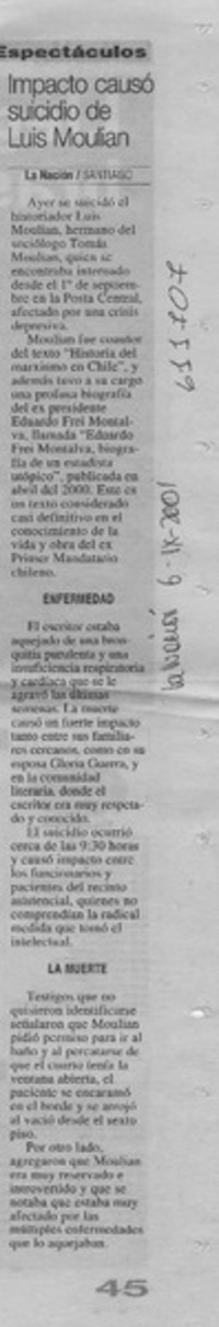 Impacto causó suicidio de Luis Moulian  [artículo]