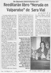 Reeditan libro "Neruda en Valparaíso" de Sara Vial
