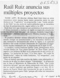 Raúl Ruiz anuncia sus múltiples proyectos  [artículo]