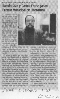 Ramón Díaz y Carlos Franz ganan Premio Municipal de Literatura  [artículo]