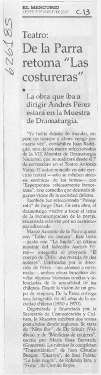 De la Parra retoma "Las costureras"  [artículo]