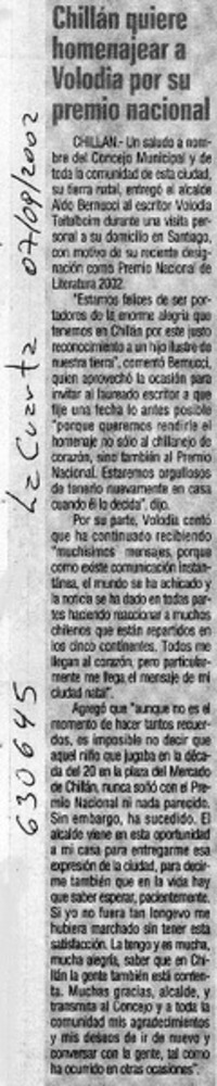 Chillán quiere homenajear a Volodia por su premio nacional  [artículo]