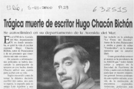 Trágica muerte de escritor Hugo Chacón Bichón  [artículo] O. R. C.