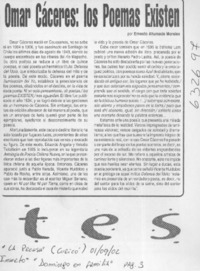 Omar Cáceres, los poemas existen  [artículo] Ernesto Ahumada Morales