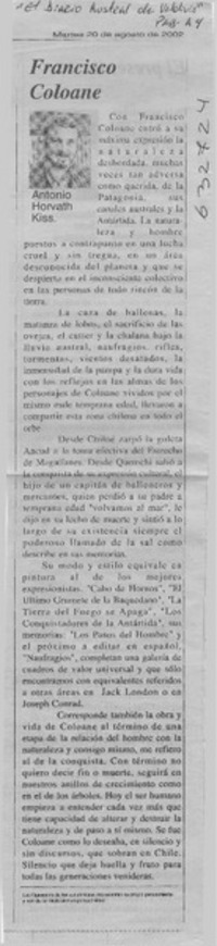 Francisco Coloane  [artículo] Antonio Horvath Kiss
