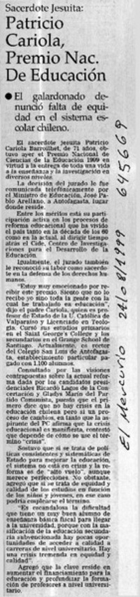 Patricio Cariola, Premio Nac. de Educación  [artículo]