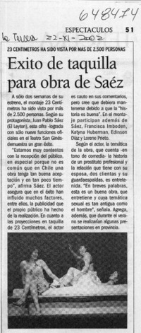 Exito de taquilla para obra de Sáez  [artículo]