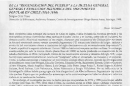 De la "regeneración del pueblo" a la huelga general, Génesis y evolución histórica del movimiento popular en Chile (1810-1890)  [artículo] Brian Loveman