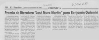 Premio de literatura "José Nuez Martín" para Benjamín Galemiri  [artículo]