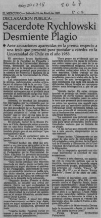 Sacerdote Rychlowski desmiente plagio  [artículo] Bruno Rychlowski.