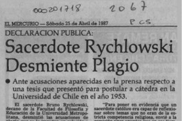 Sacerdote Rychlowski desmiente plagio  [artículo] Bruno Rychlowski.