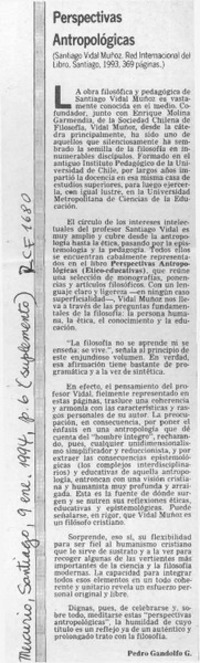 Perspectivas antropológicas  [artículo] Pedro Gandolfo G.