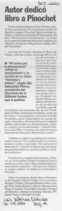 Autor dedicó libro a Pinochet  [artículo].