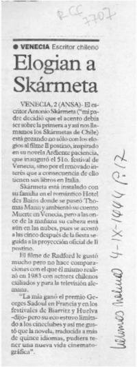 Elogian a Skármeta  [artículo].