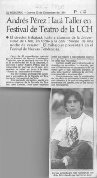 Andrés Pérez hará taller en festival de teatro de la UCH  [artículo].