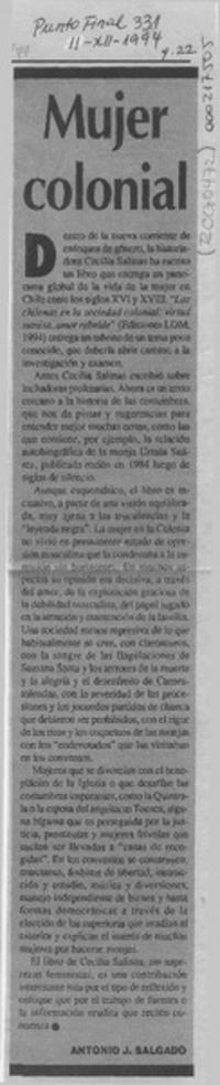 Mujer colonial  [artículo] Antonio J. Salgado.