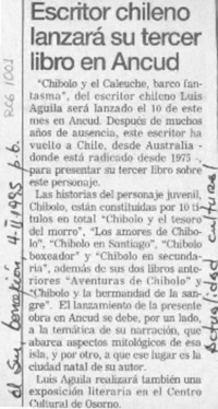 Escritor chileno lanzará su tercer libro en Ancud  [artículo].