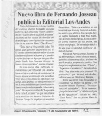 Nuevo libro de Fernando Josseau publicó la editorial Los Andes  [artículo].