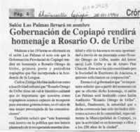 Gobernación de Copiapó rendirá homenaje a Rosario O. de Uribe  [artículo].