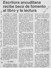 Escritora ancuditana recibe beca de fomento al libro y la lectura  [artículo] Miguel Angel Millar.