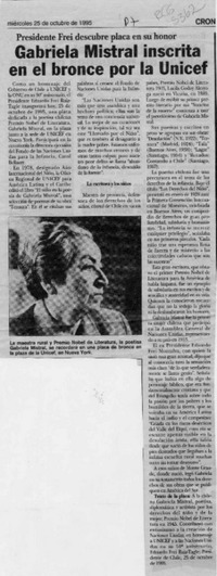 Gabriela Mistral inscrita en el bronce por la Unicef  [artículo].