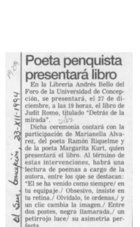Poeta penquista presentará libro  [artículo].
