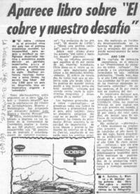 Aparece libro "El cobre y nuestro desafío".  [artículo]