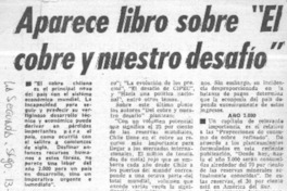 Aparece libro "El cobre y nuestro desafío".  [artículo]