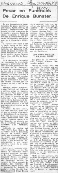 Pesar en funerales de Enrique Bunster.  [artículo]