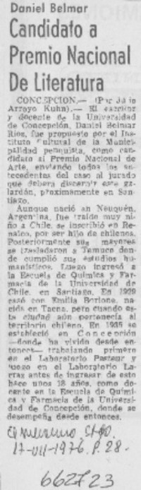 Candidato a Premio Nacional de Literatura.