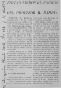 Editan libros de poemas del profesor R. Barria  [artículo] F. Cardenas.