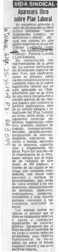 Aparecerá libro sobre plan laboral.  [artículo]