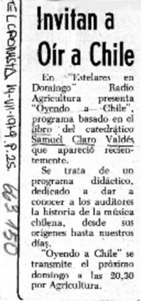 Invitan a oír a Chile.  [artículo]