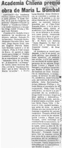 Academia chilena premió obra de María L. Bombal.  [artículo]