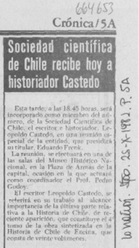 Sociedad científica de Chile recibe hoy a historiador Castedo.